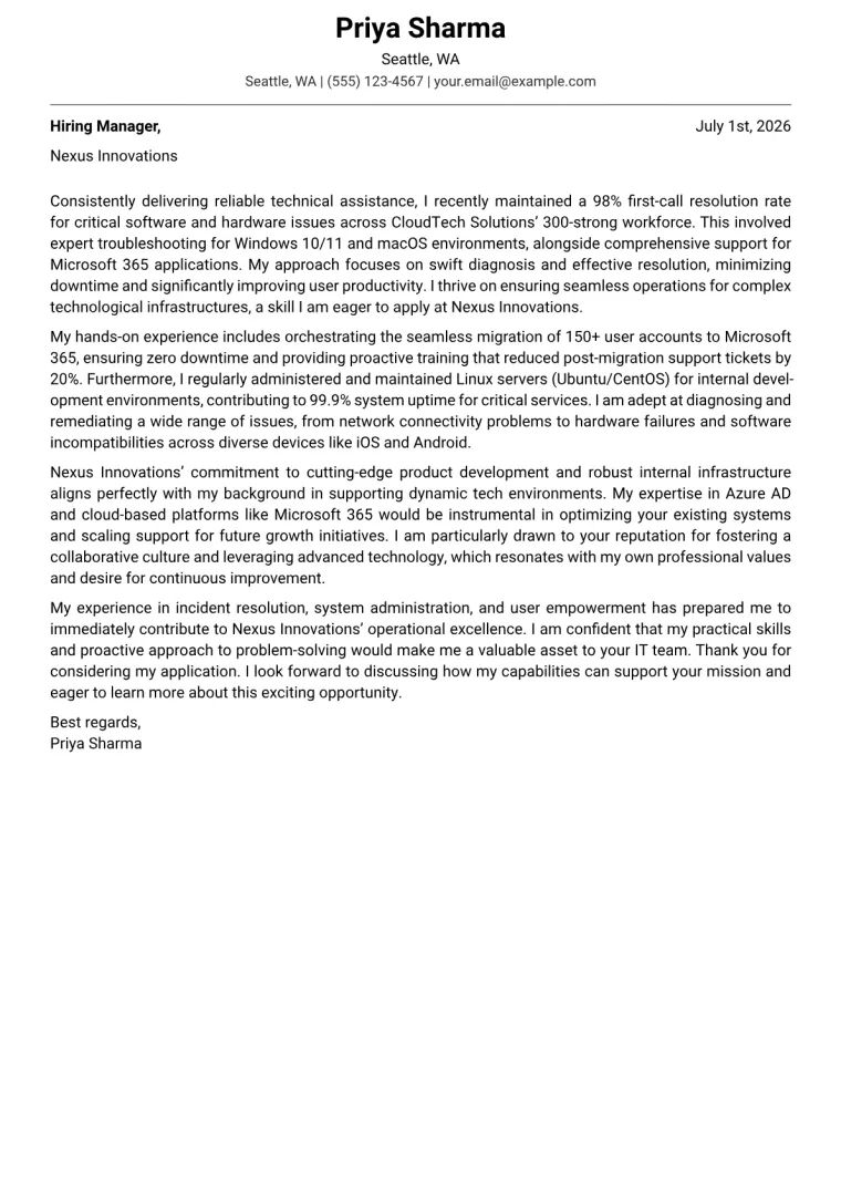 IT Support cover letter example preview