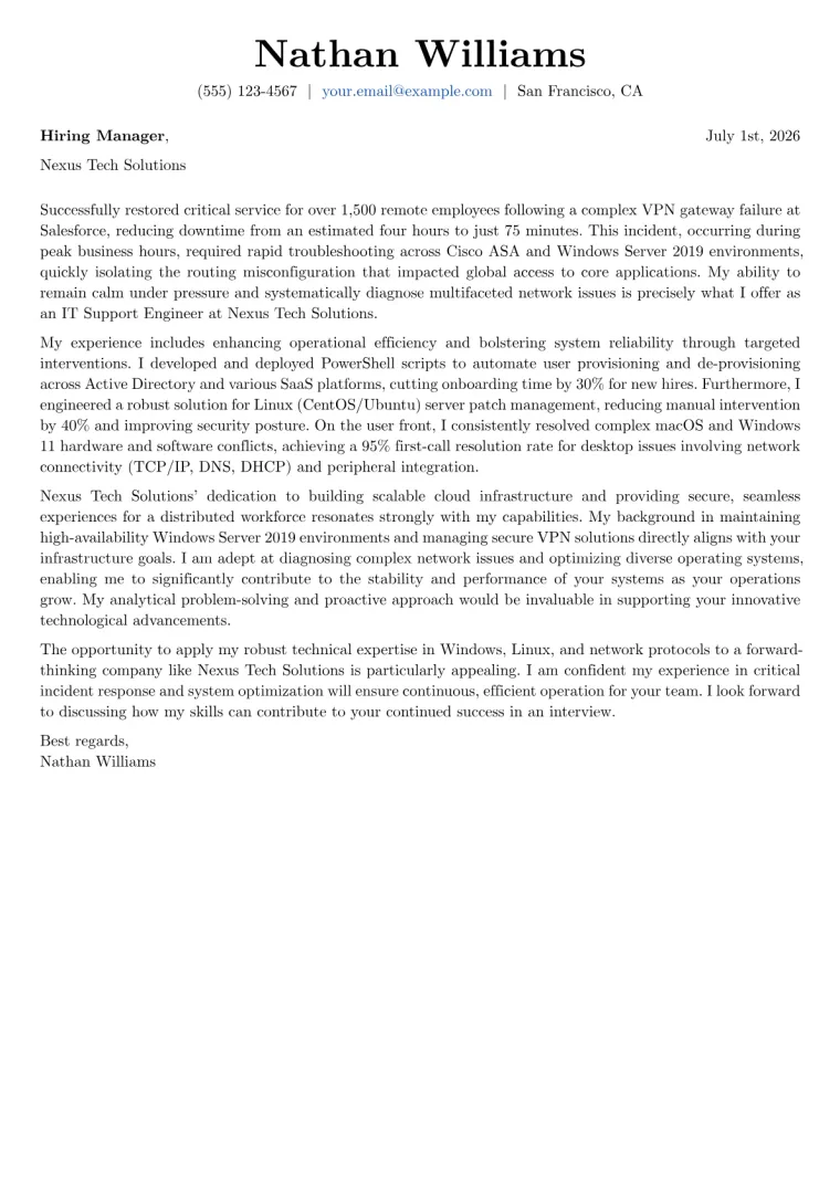 IT Support Engineer Cover Letter Example