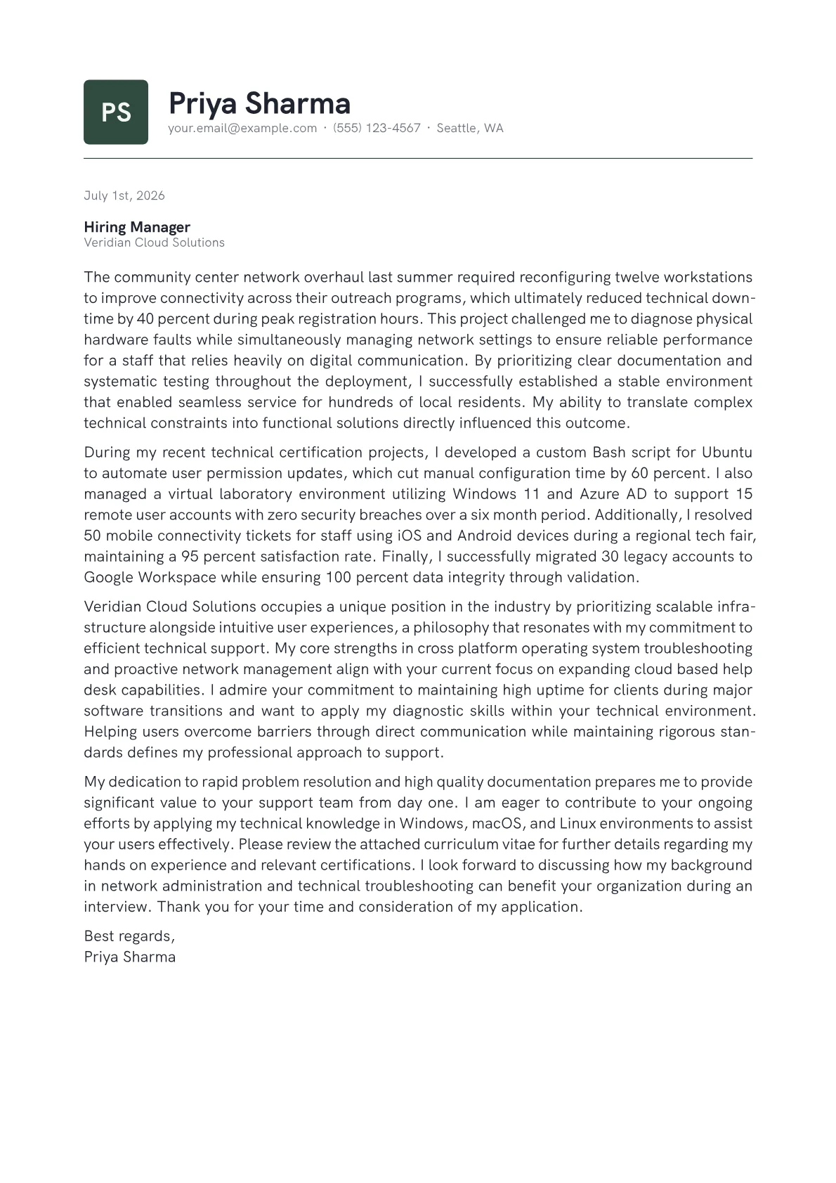 IT Support cover letter in the Emblem design