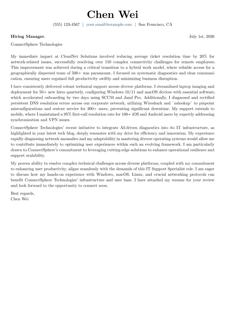 IT Support Specialist Cover Letter Example