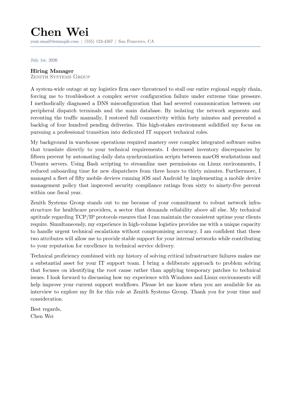 IT Support Specialist cover letter in the Classic design