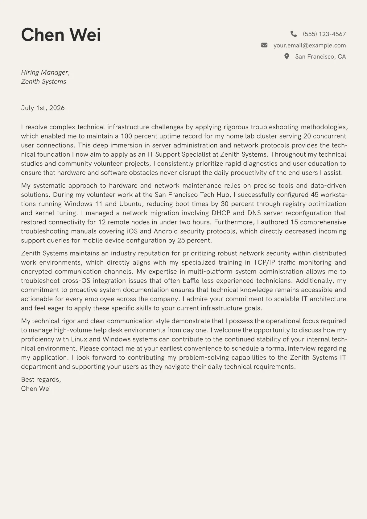 IT Support Specialist cover letter in the Creative design