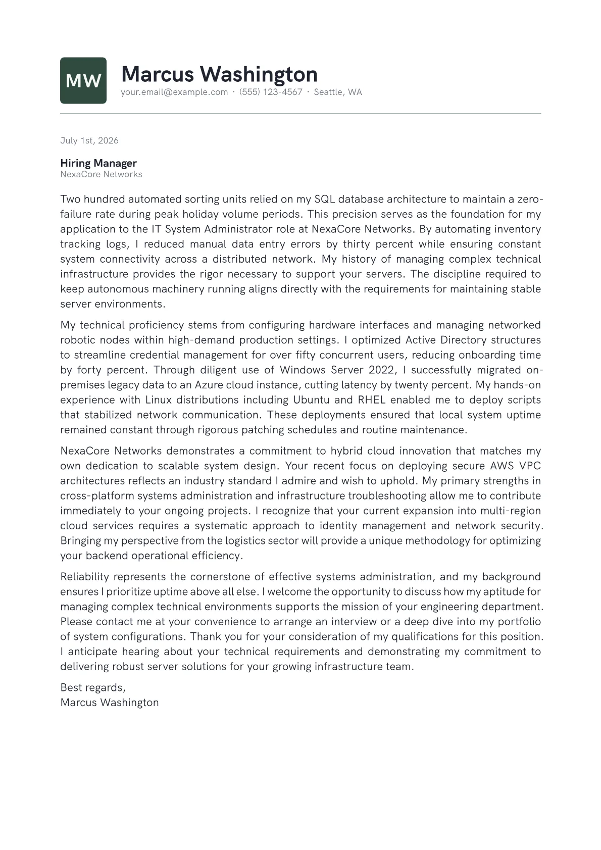 IT System Administrator cover letter in the Emblem design