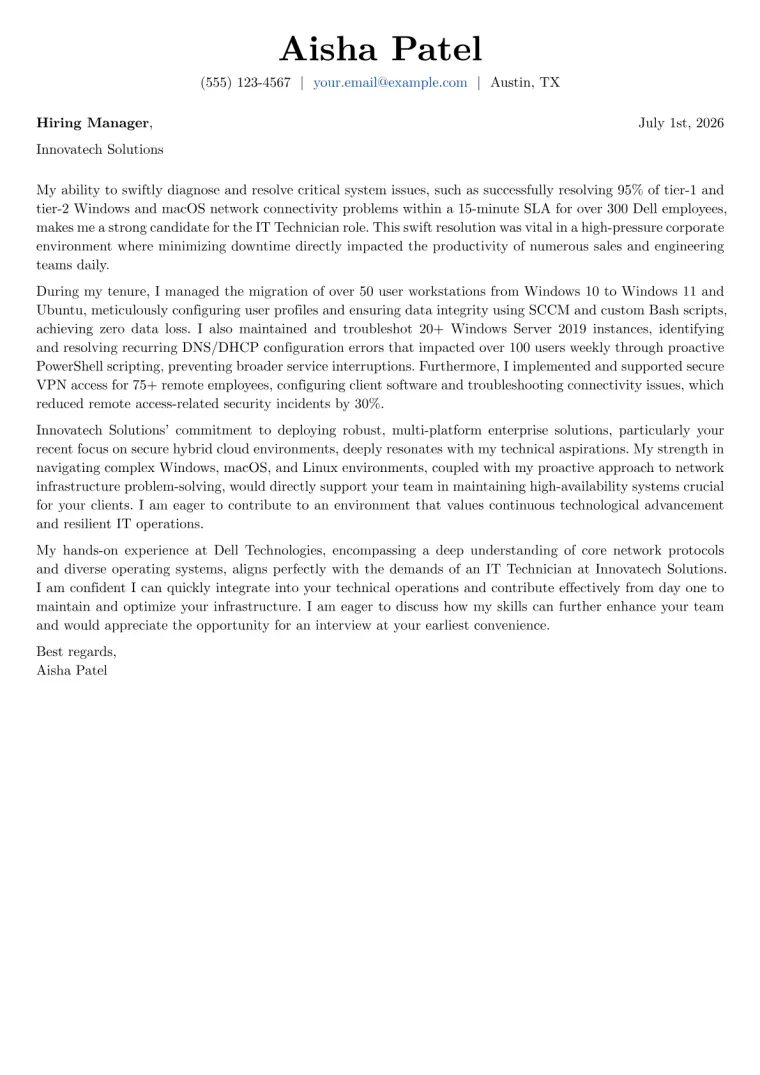 IT Technician Cover Letter Example