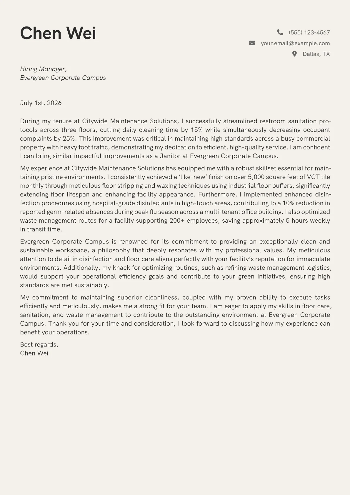 Janitor cover letter formatted with a JobSprout template