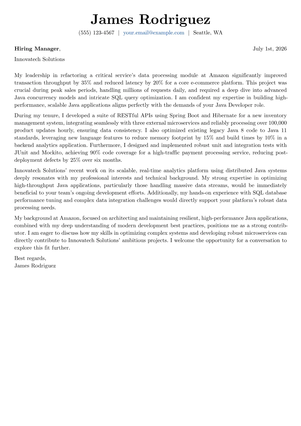 Java Developer cover letter formatted with a JobSprout template