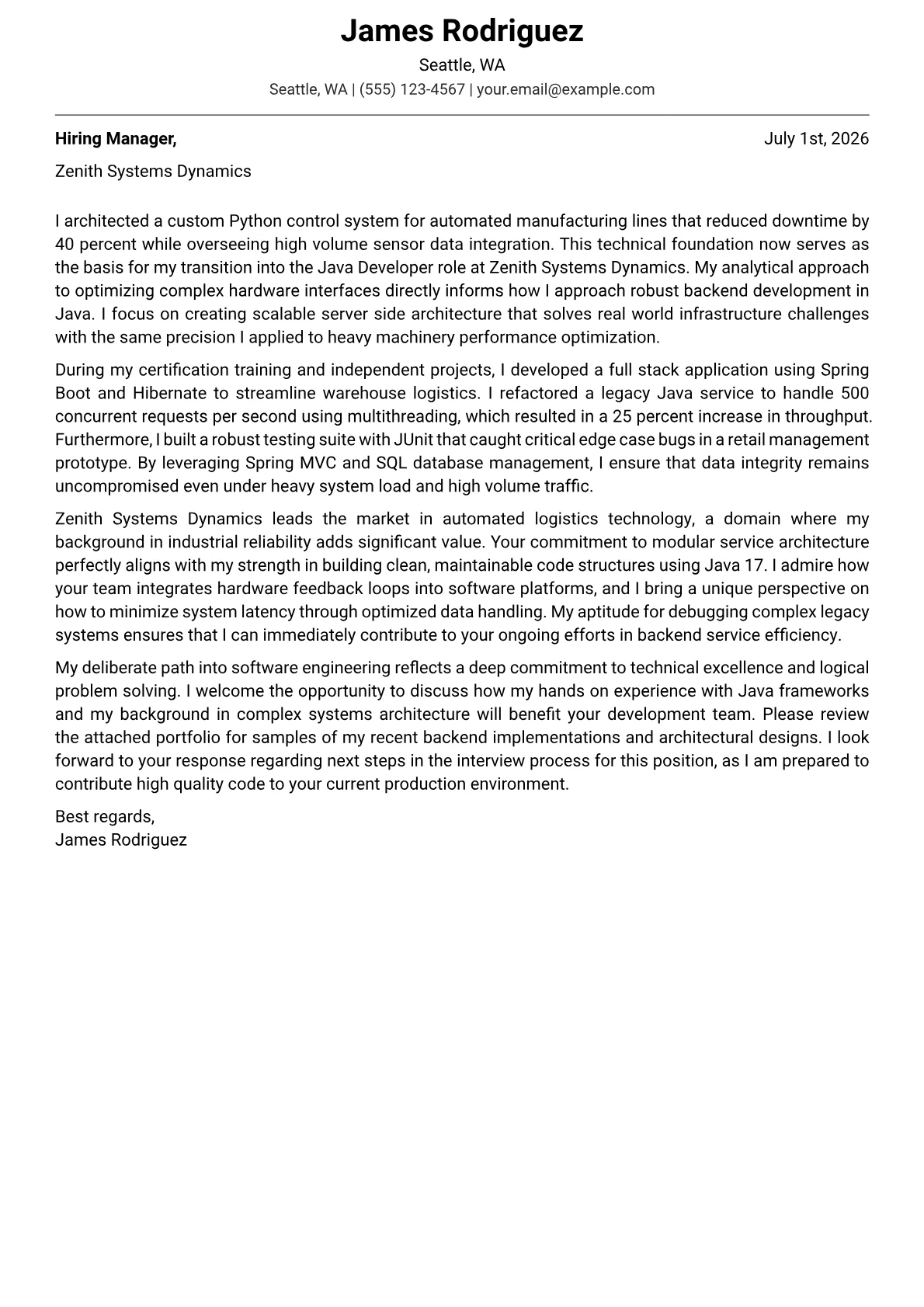 Java Developer cover letter in the Modern design