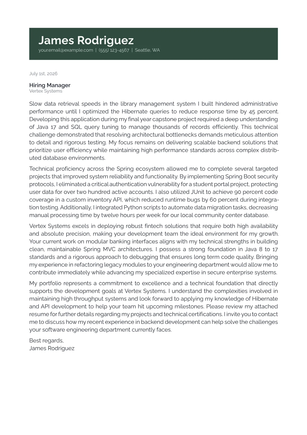 Java Developer cover letter in the Banner design