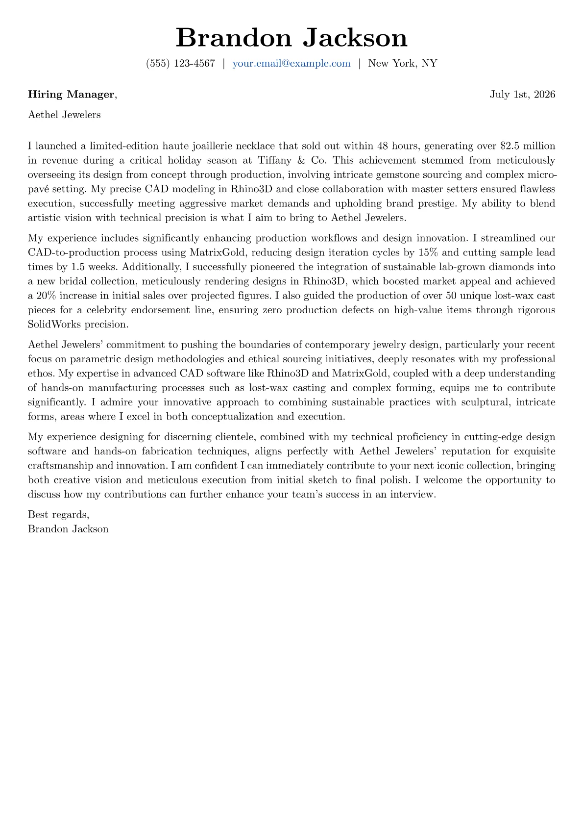 Jewelry Designer cover letter formatted with a JobSprout template