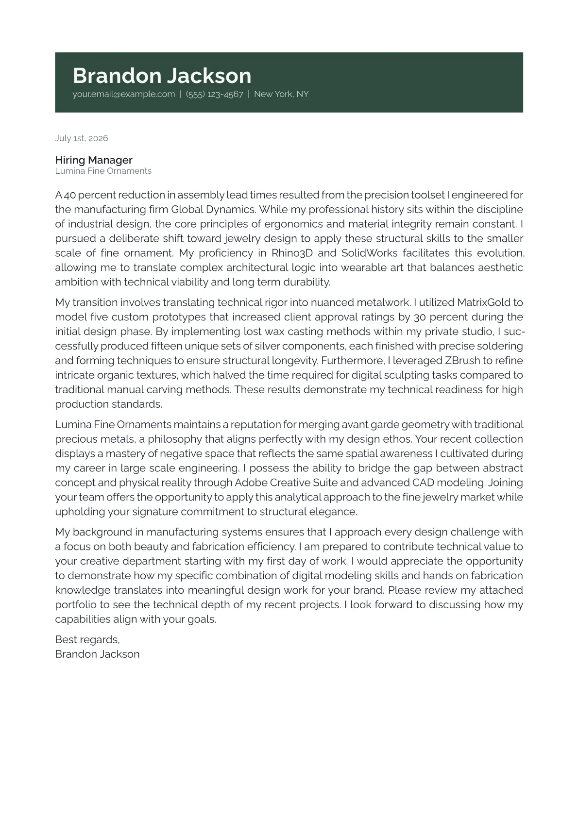 Jewelry Designer cover letter in the Banner design