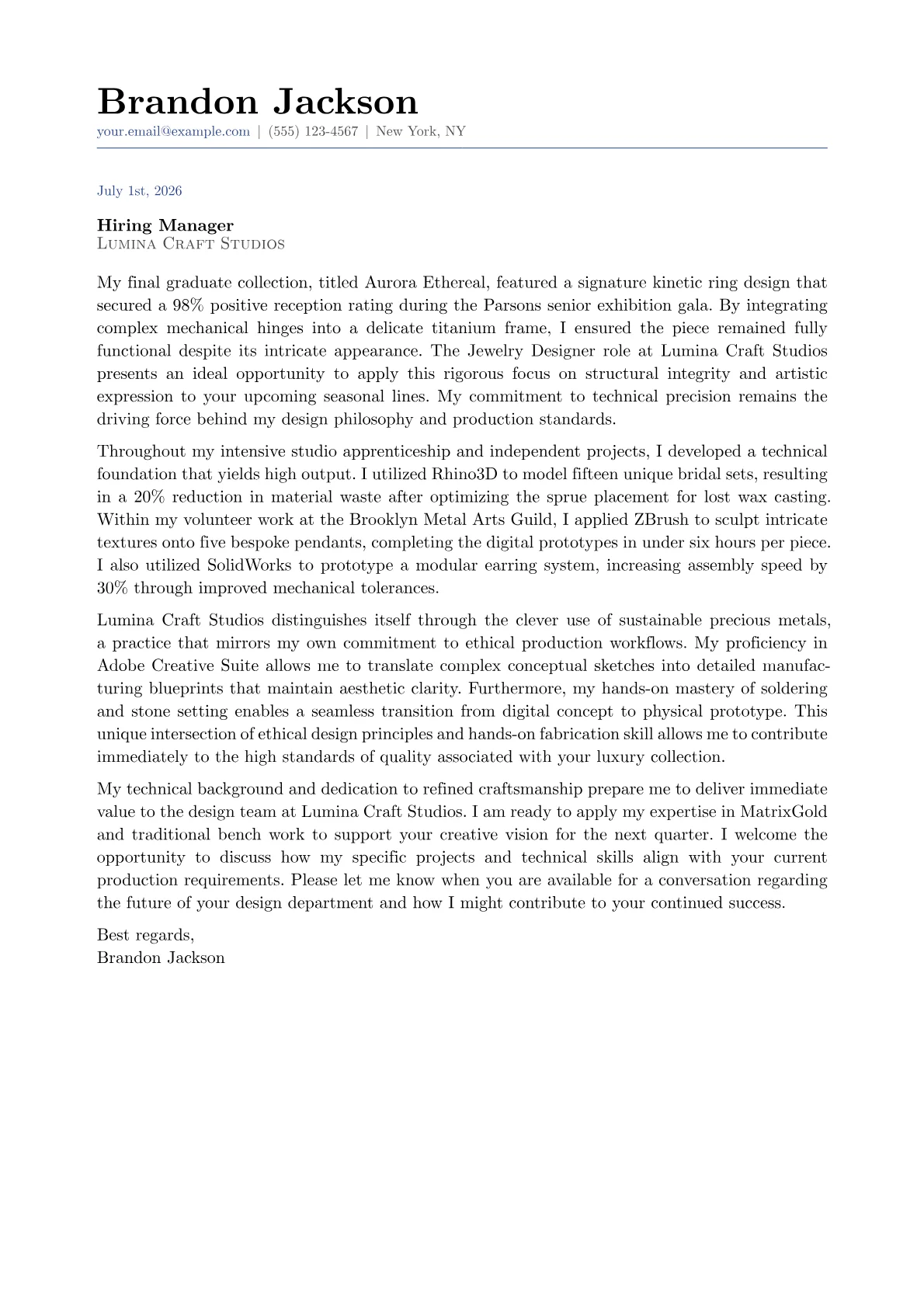 Jewelry Designer cover letter in the Classic design