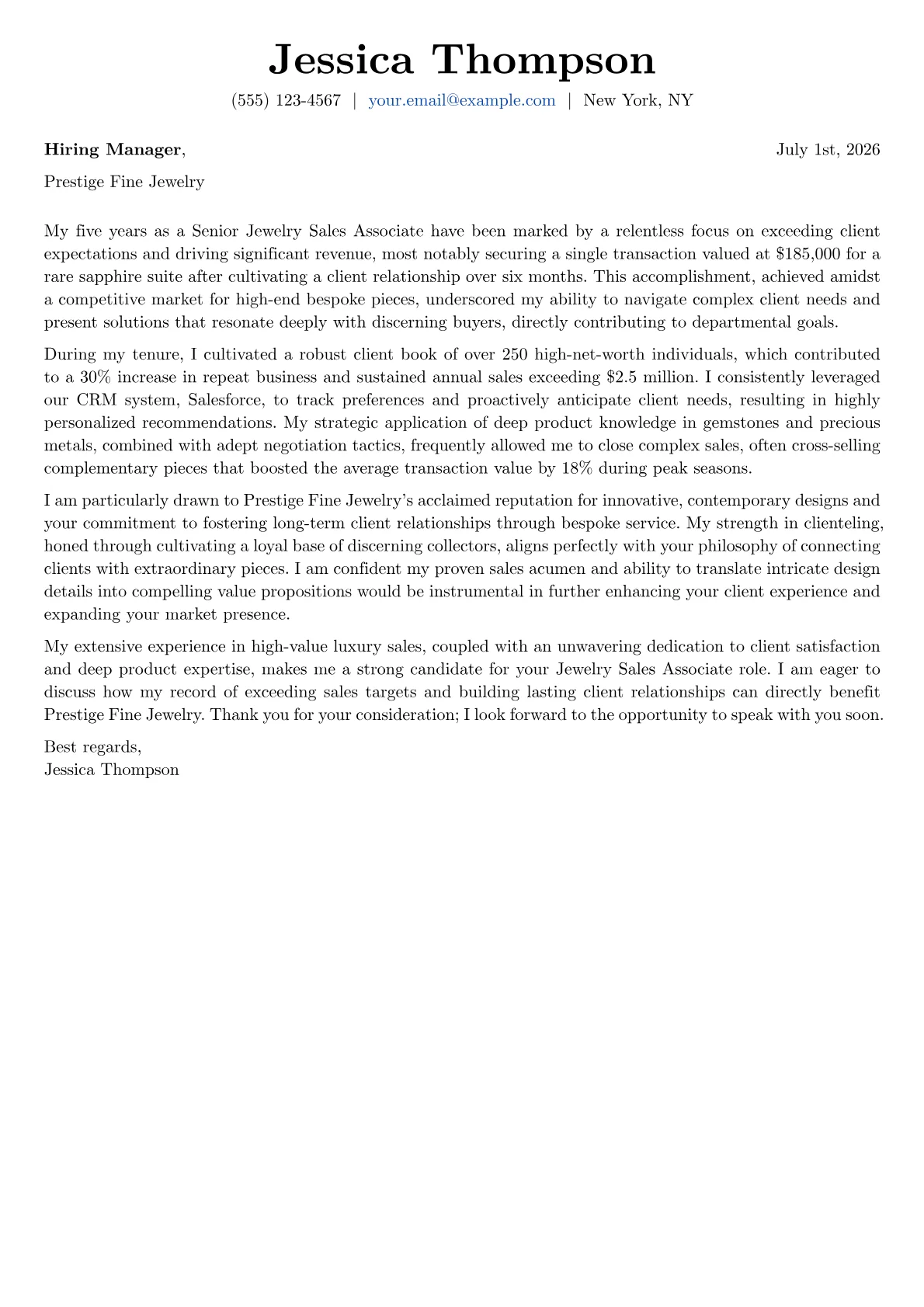 Jewelry Sales Associate cover letter formatted with a JobSprout template