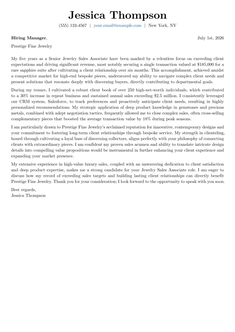 Jewelry Sales Associate cover letter example preview