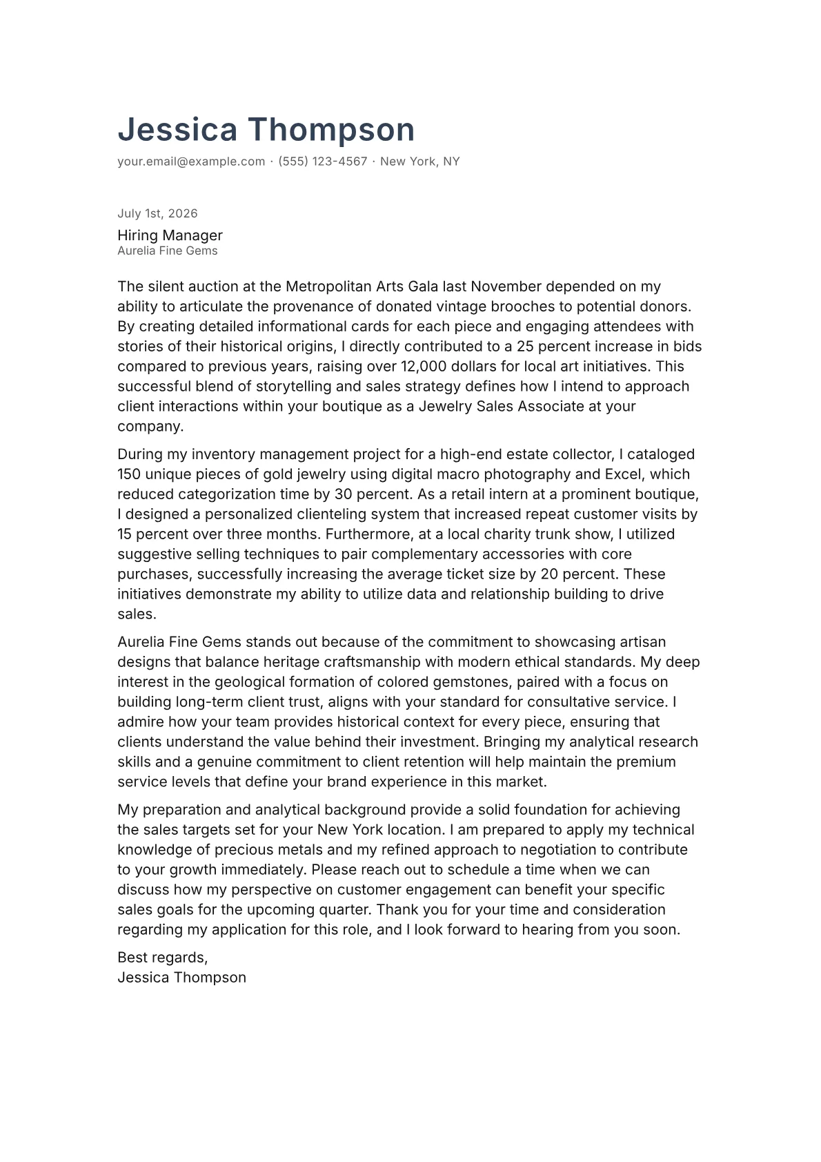 Jewelry Sales Associate cover letter in the Minimal design