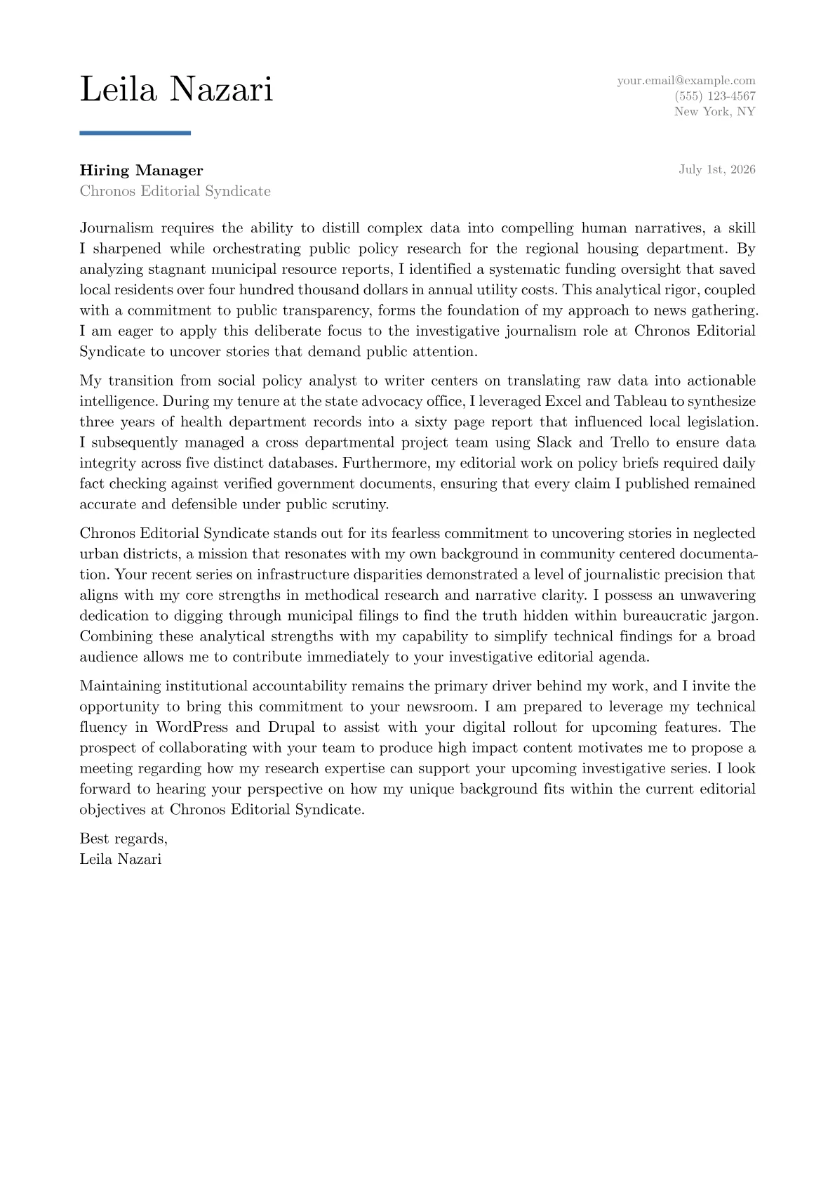 Journalist cover letter in the Executive design