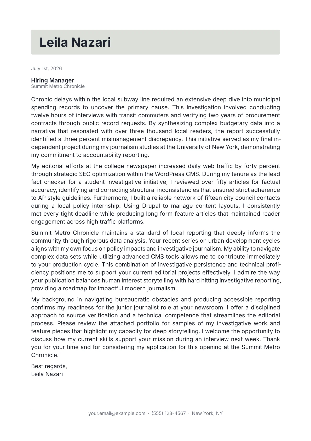 Journalist cover letter in the Letterhead design