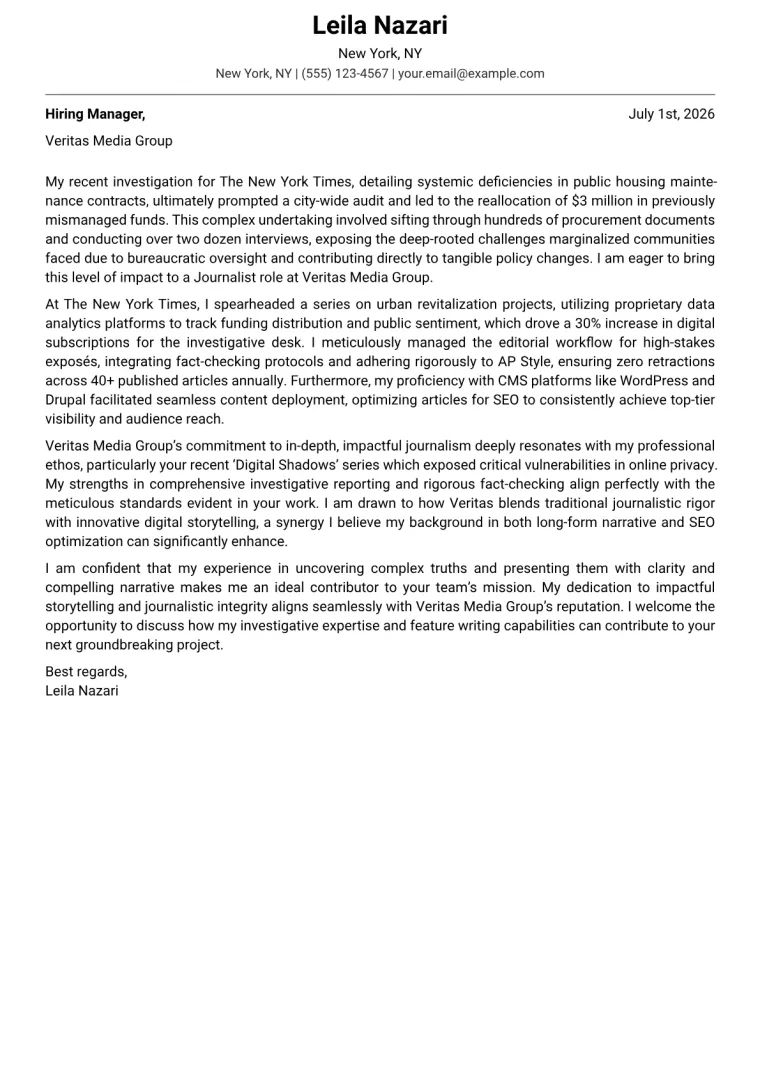 Journalist Cover Letter Example