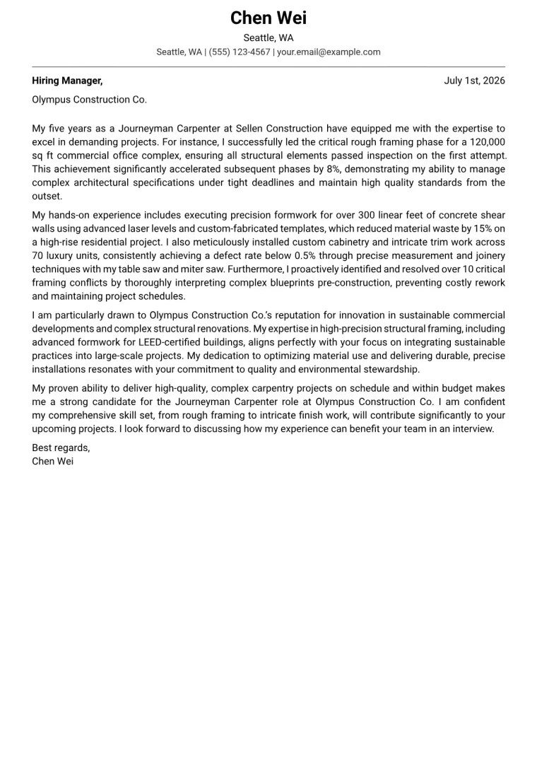 Journeyman Carpenter cover letter example preview