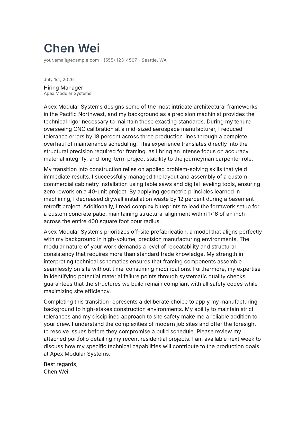 Journeyman Carpenter cover letter in the Minimal design