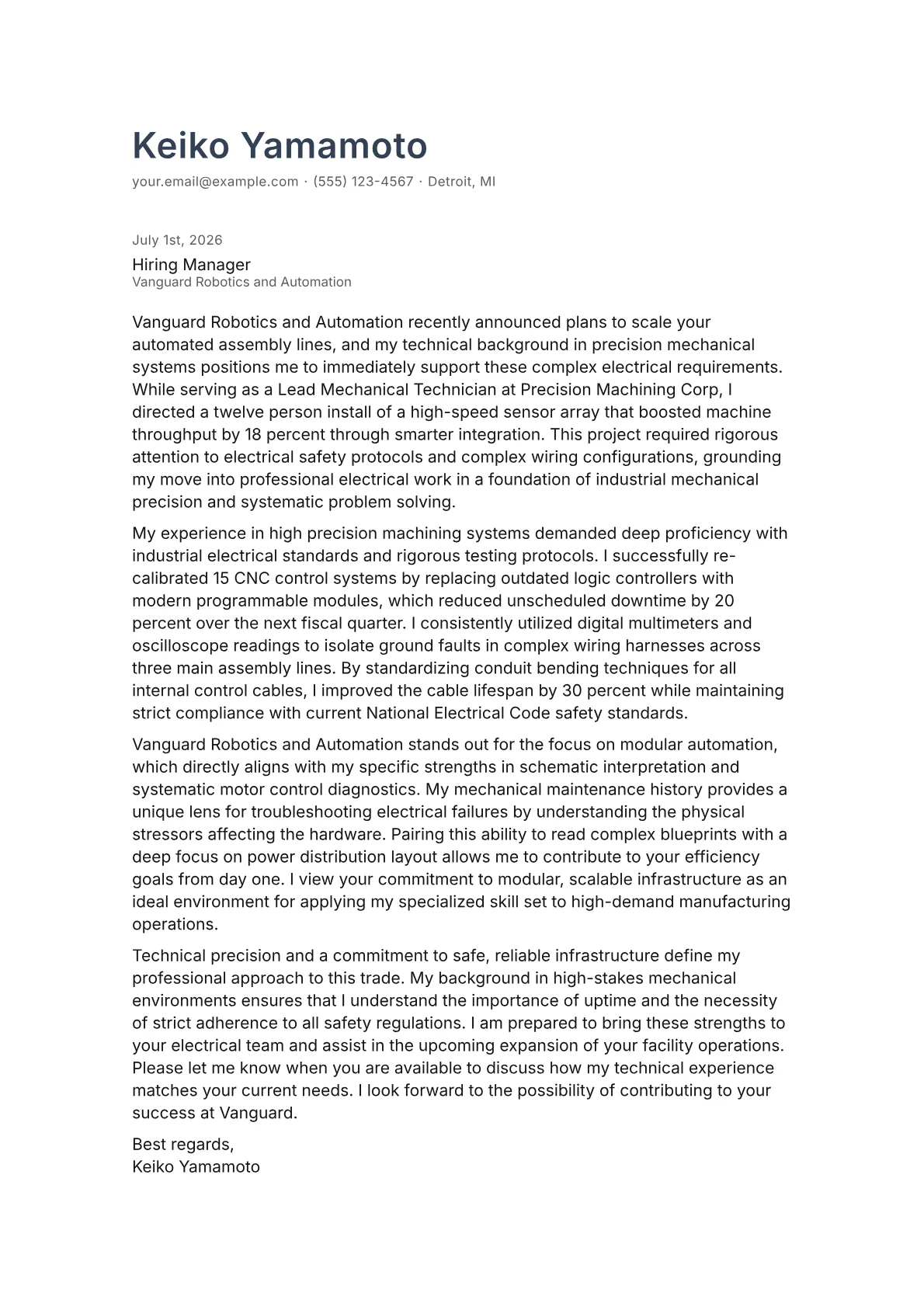 Journeyman Electrician cover letter in the Minimal design