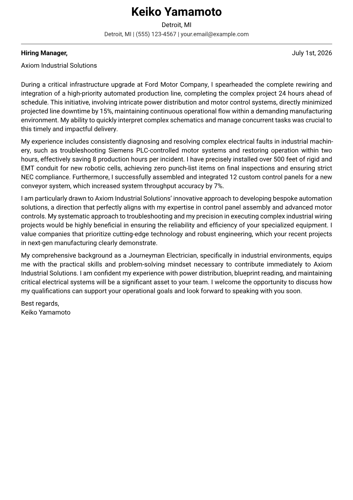 Journeyman Electrician cover letter formatted with a JobSprout template