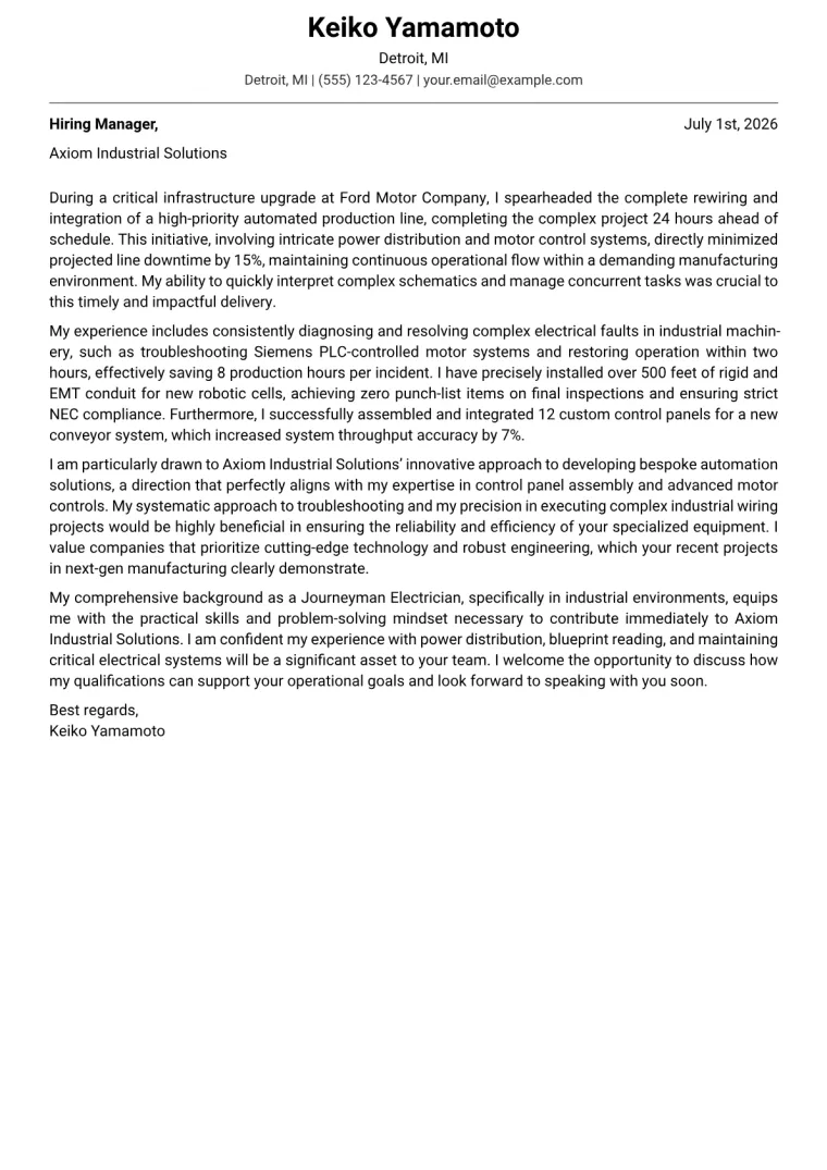 Journeyman Electrician cover letter example preview