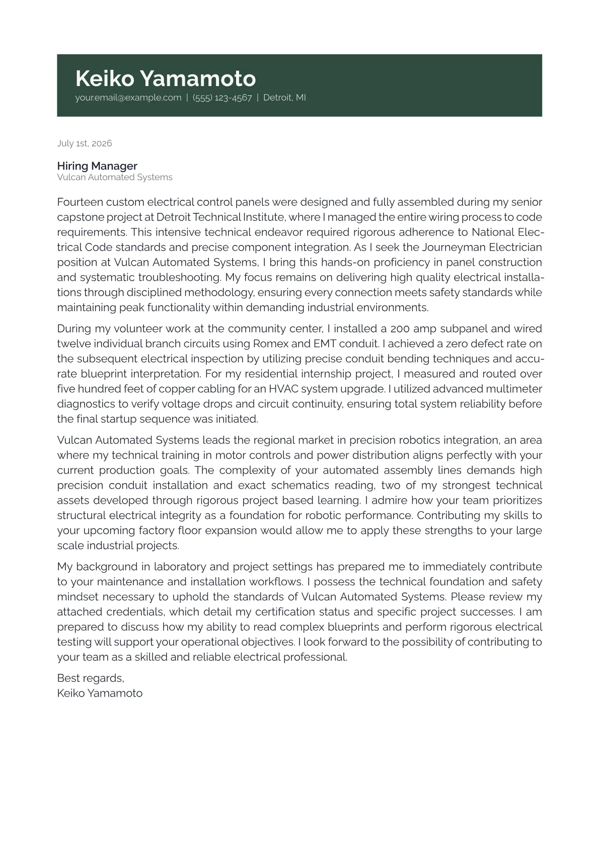 Journeyman Electrician cover letter in the Banner design