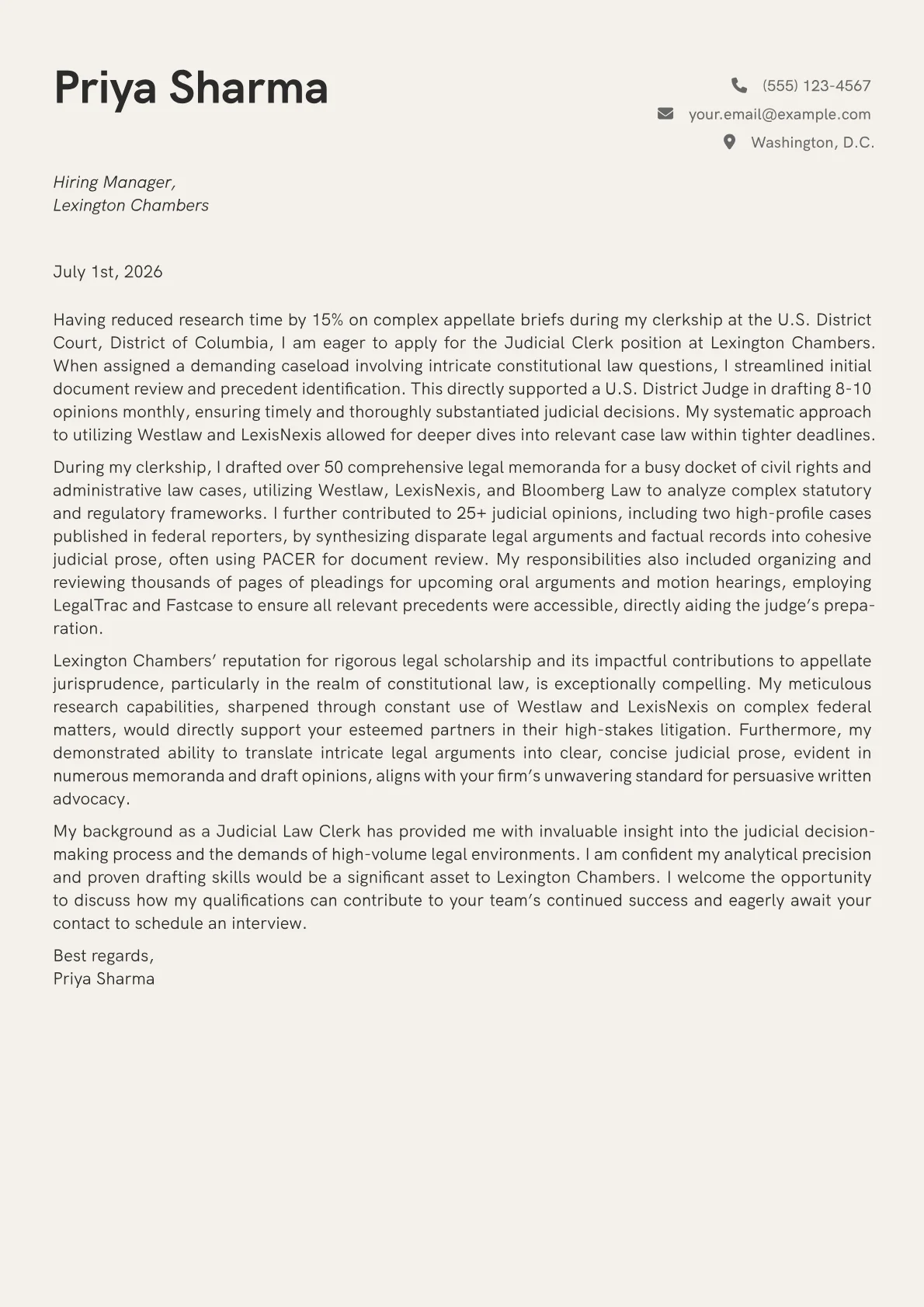 Judicial Clerk cover letter formatted with a JobSprout template
