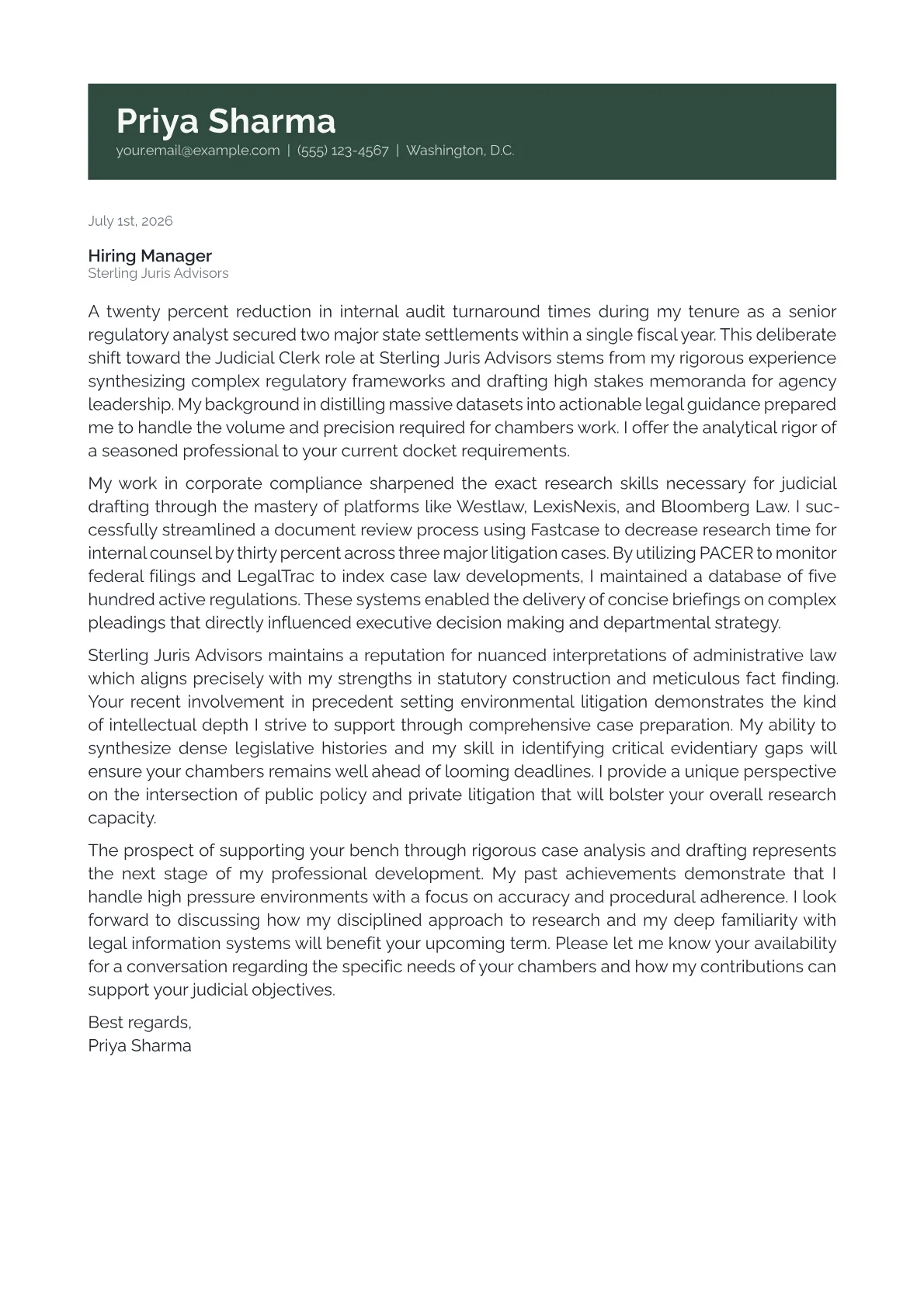 Judicial Clerk cover letter in the Banner design