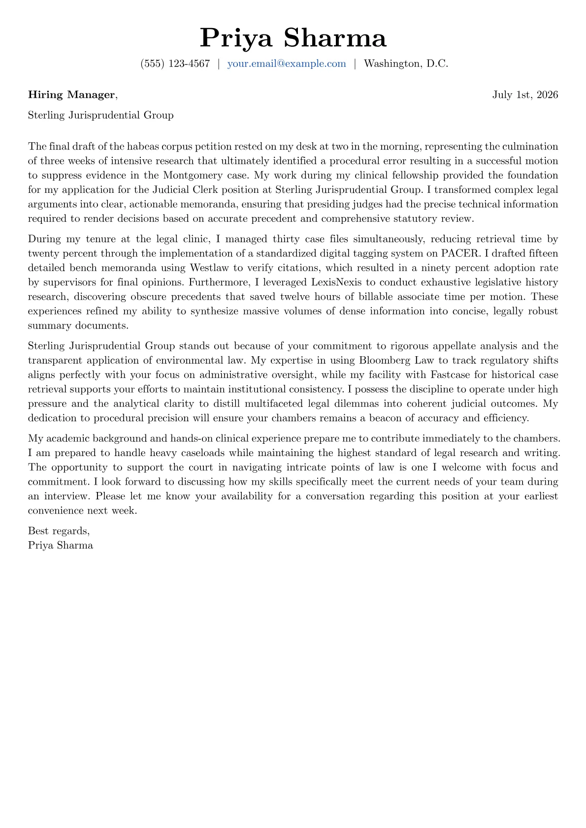 Judicial Clerk cover letter in the Basic design