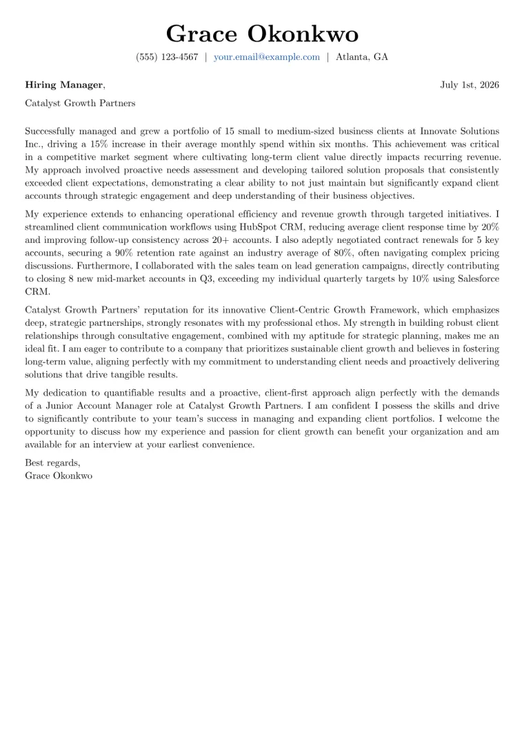 Junior Account Manager cover letter example preview