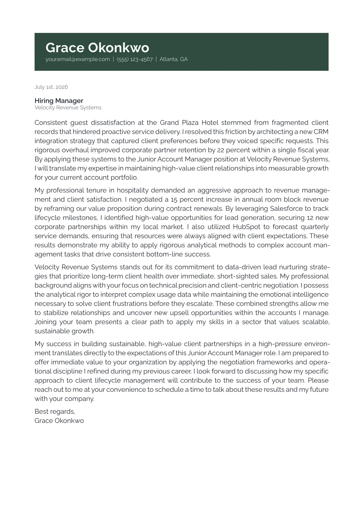 Junior Account Manager cover letter in the Banner design