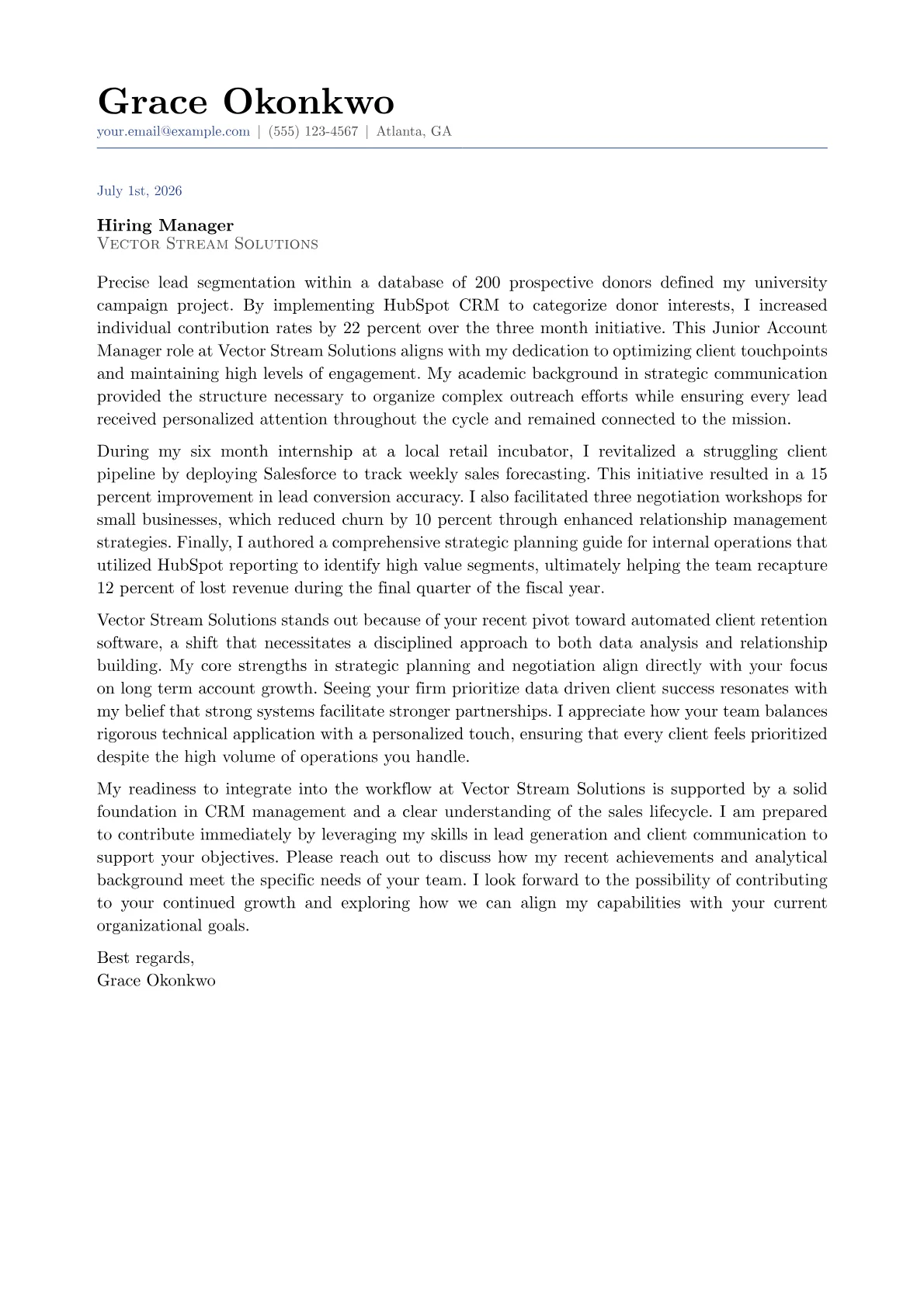 Junior Account Manager cover letter in the Classic design