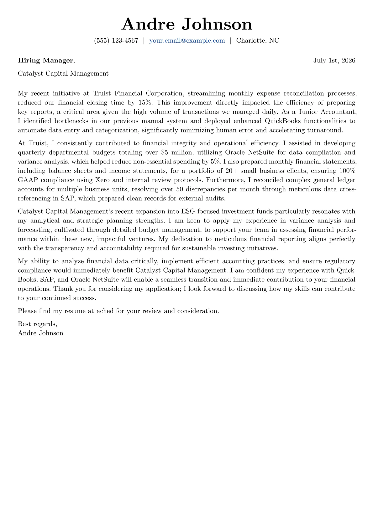 Junior Accountant cover letter formatted with a JobSprout template