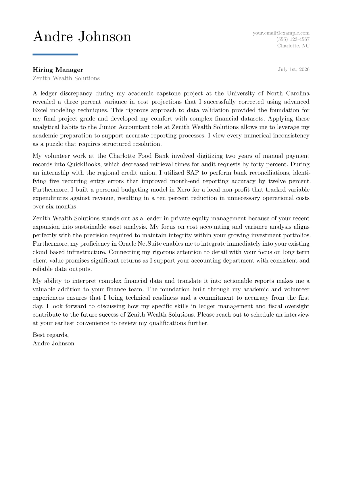 Junior Accountant cover letter in the Executive design
