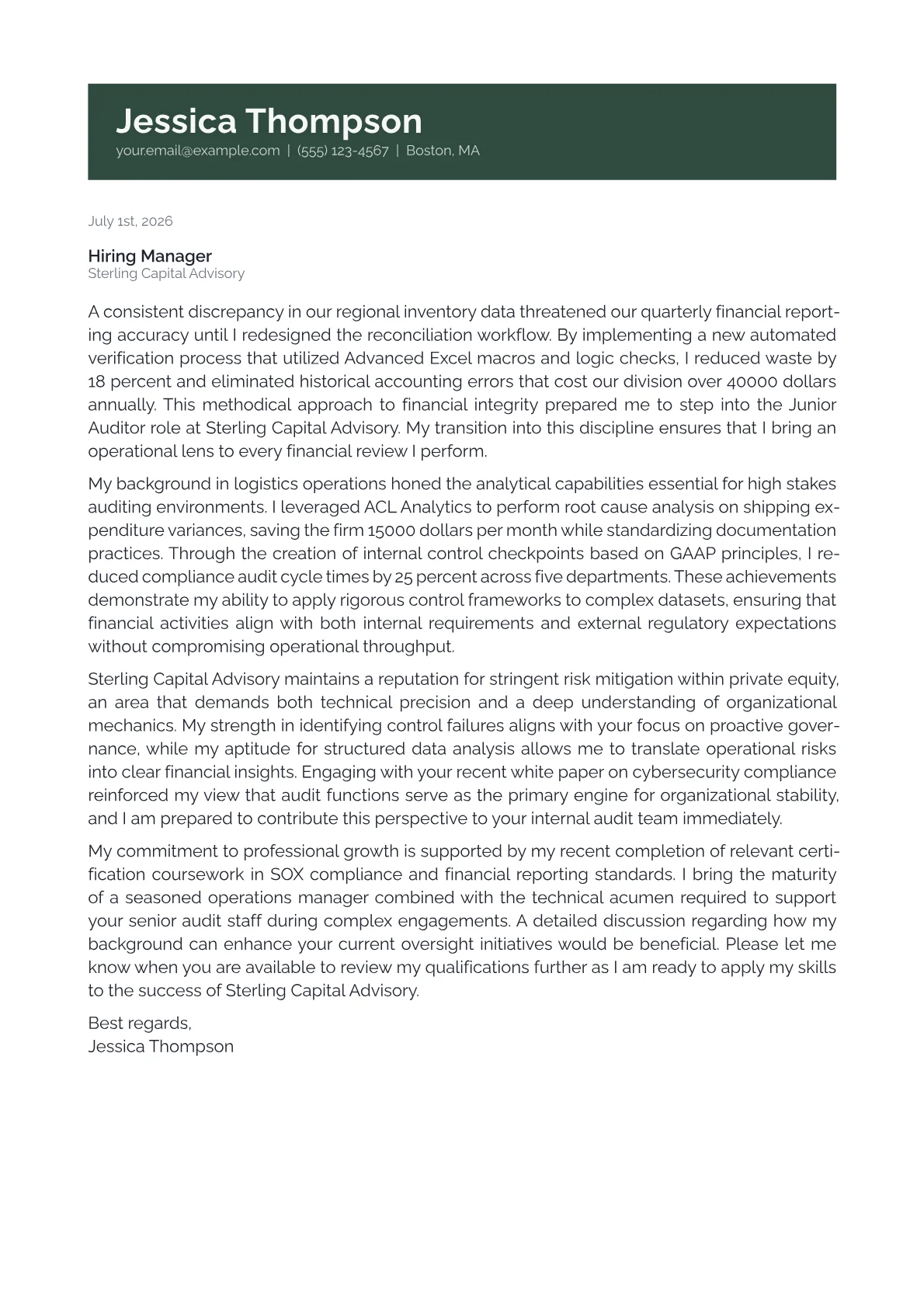 Junior Auditor cover letter in the Banner design