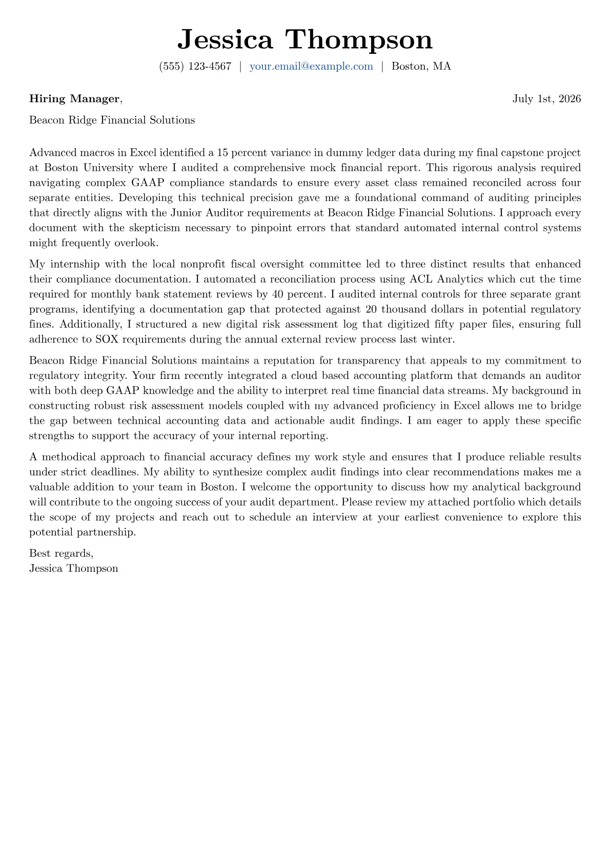 Junior Auditor cover letter in the Basic design