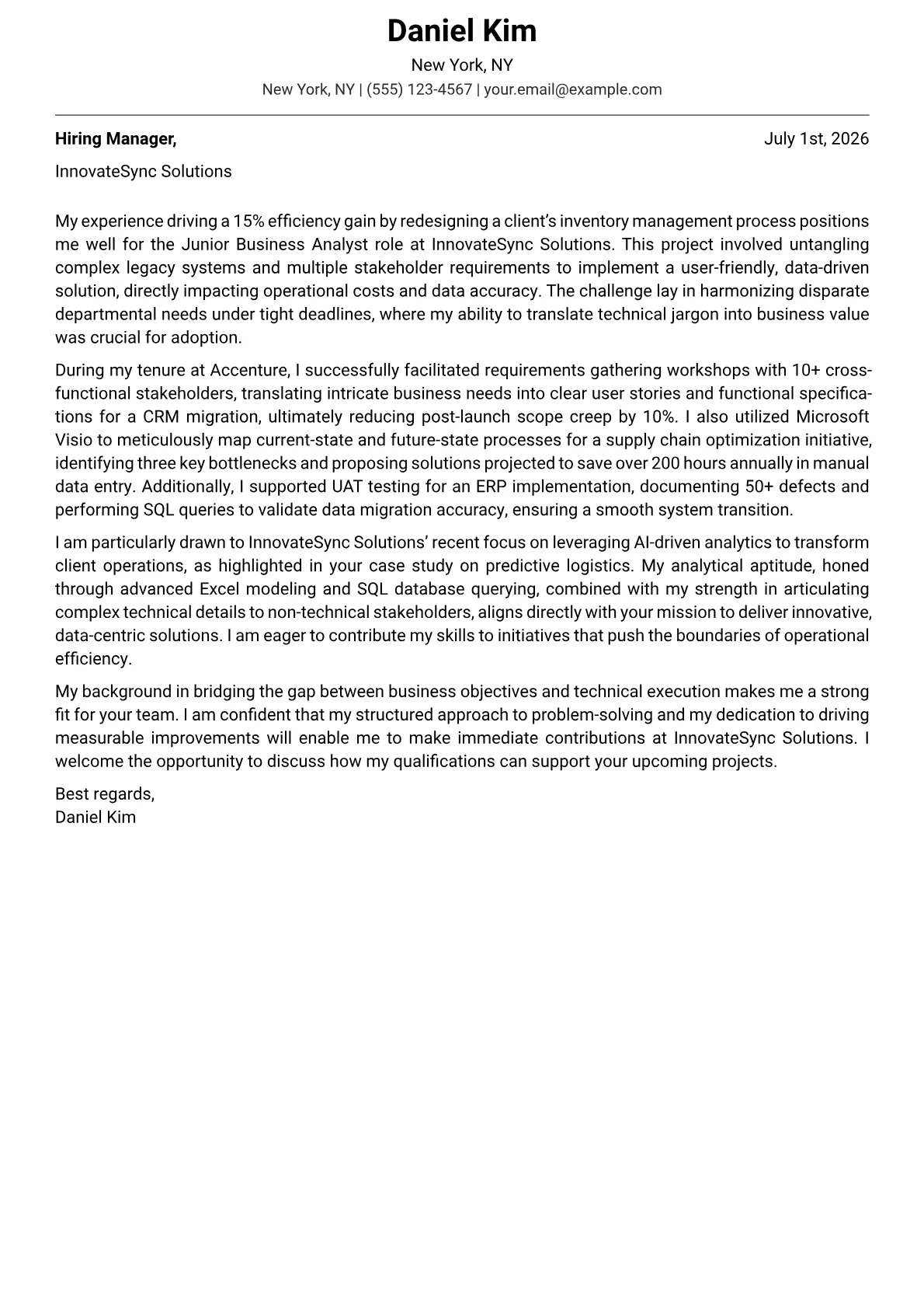 Junior Business Analyst cover letter formatted with a JobSprout template
