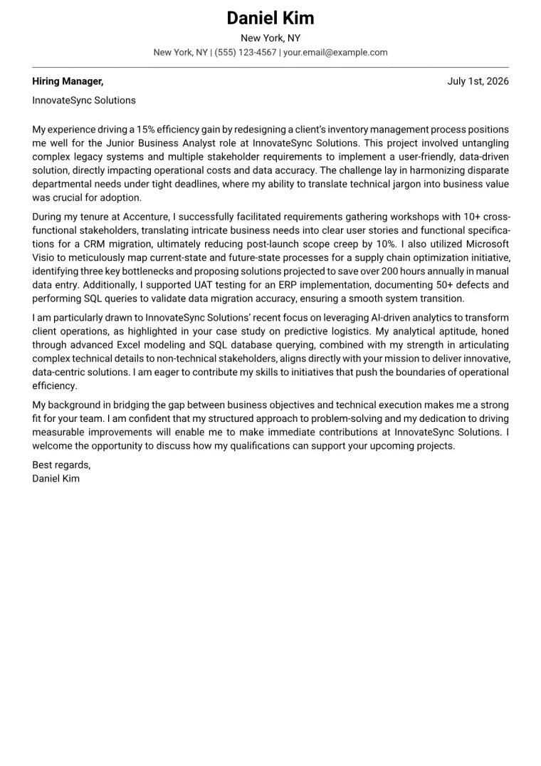 Junior Business Analyst Cover Letter Example