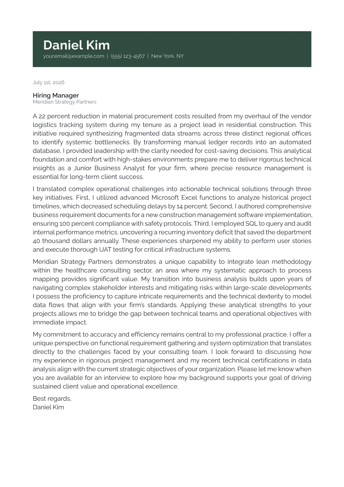 Junior Business Analyst cover letter in the Banner design