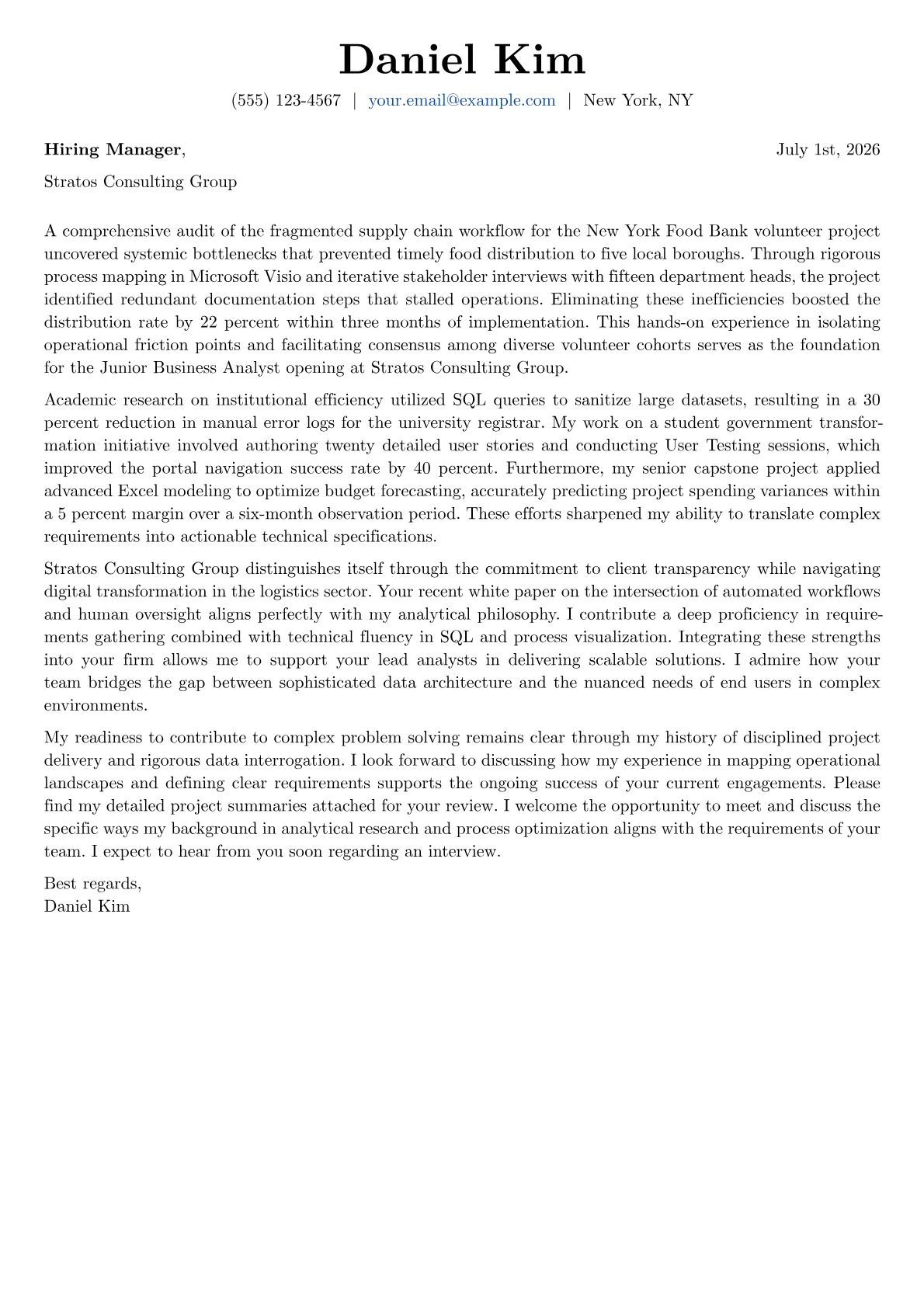 Junior Business Analyst cover letter in the Basic design