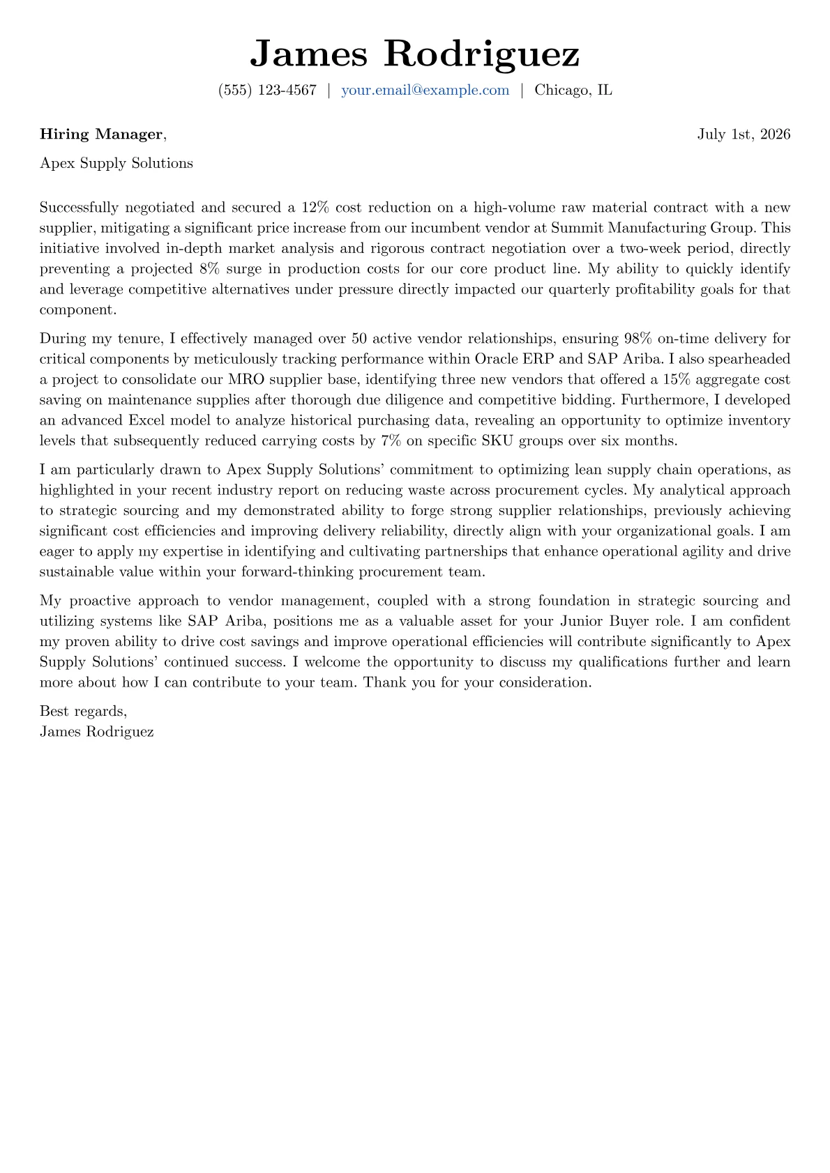 Junior Buyer cover letter formatted with a JobSprout template