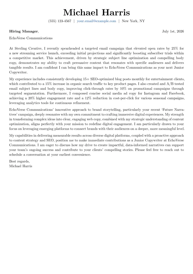 Junior Copywriter cover letter example preview