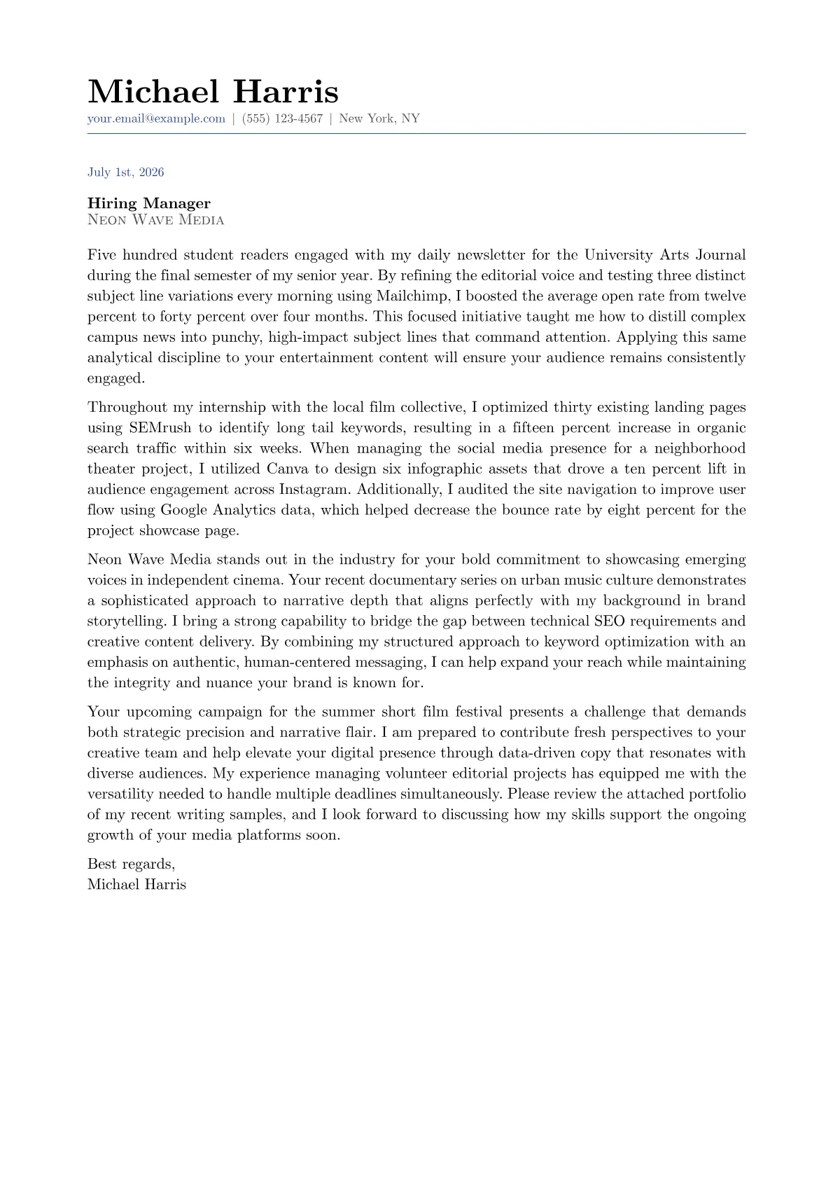 Junior Copywriter cover letter in the Classic design