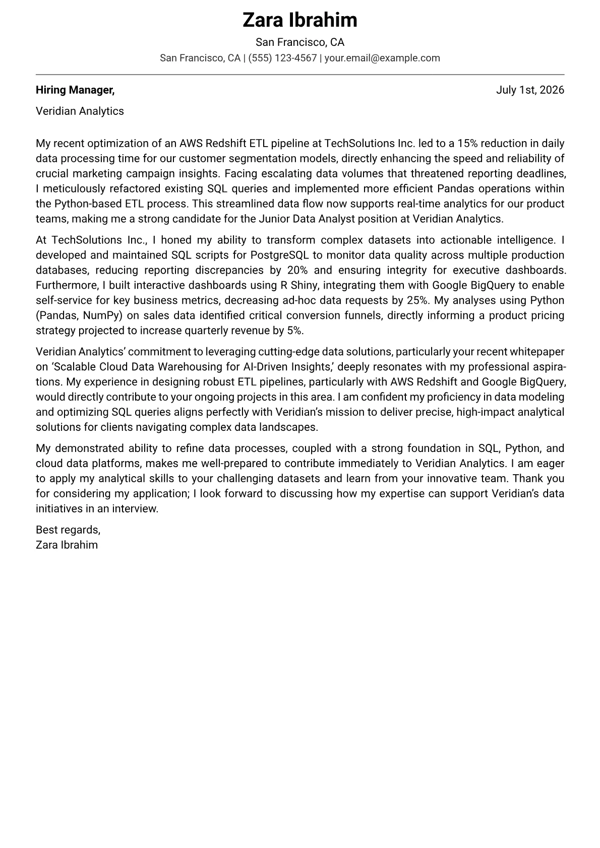 Junior Data Analyst cover letter formatted with a JobSprout template