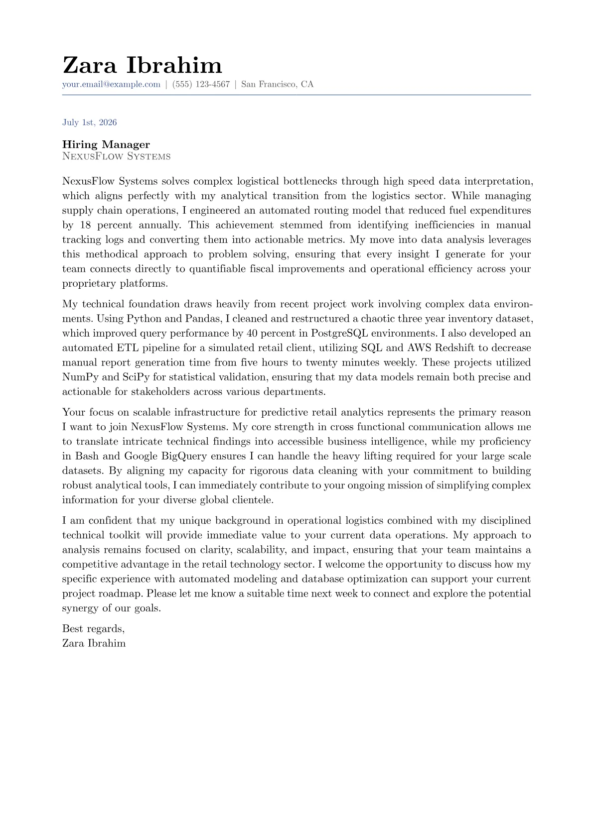Junior Data Analyst cover letter in the Classic design