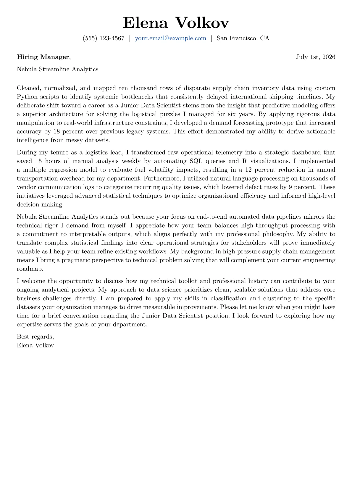 Junior Data Scientist cover letter in the Basic design