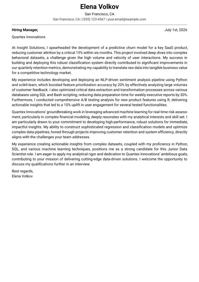 Junior Data Scientist cover letter example preview