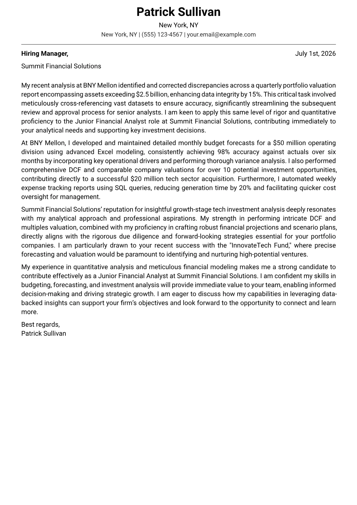 Junior Financial Analyst cover letter formatted with a JobSprout template