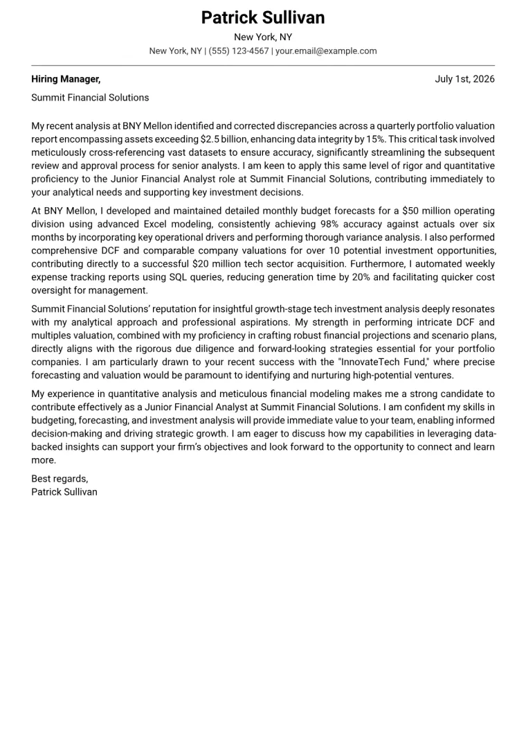 Junior Financial Analyst cover letter example preview